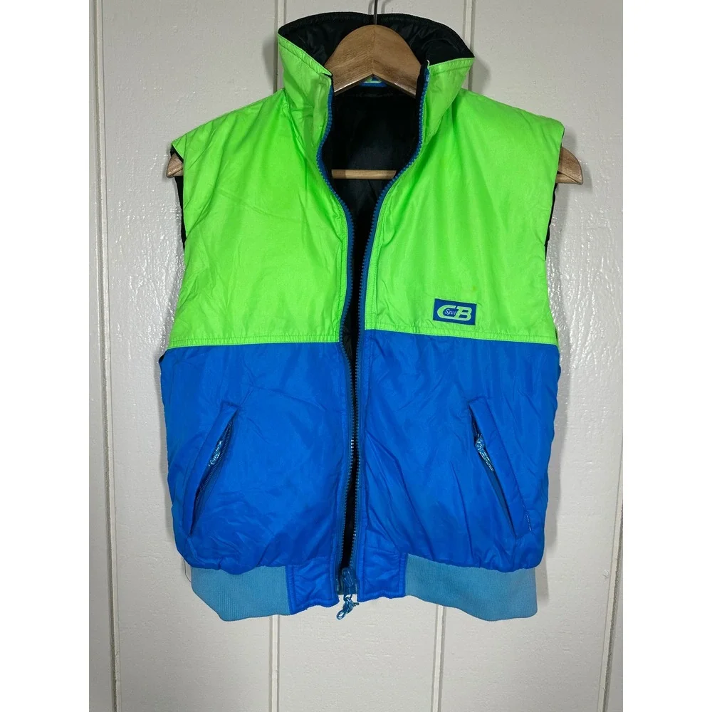 CB Sports Vest Kids 14 Multi Reversible Puffer Vintage 90s Neon Blue Black